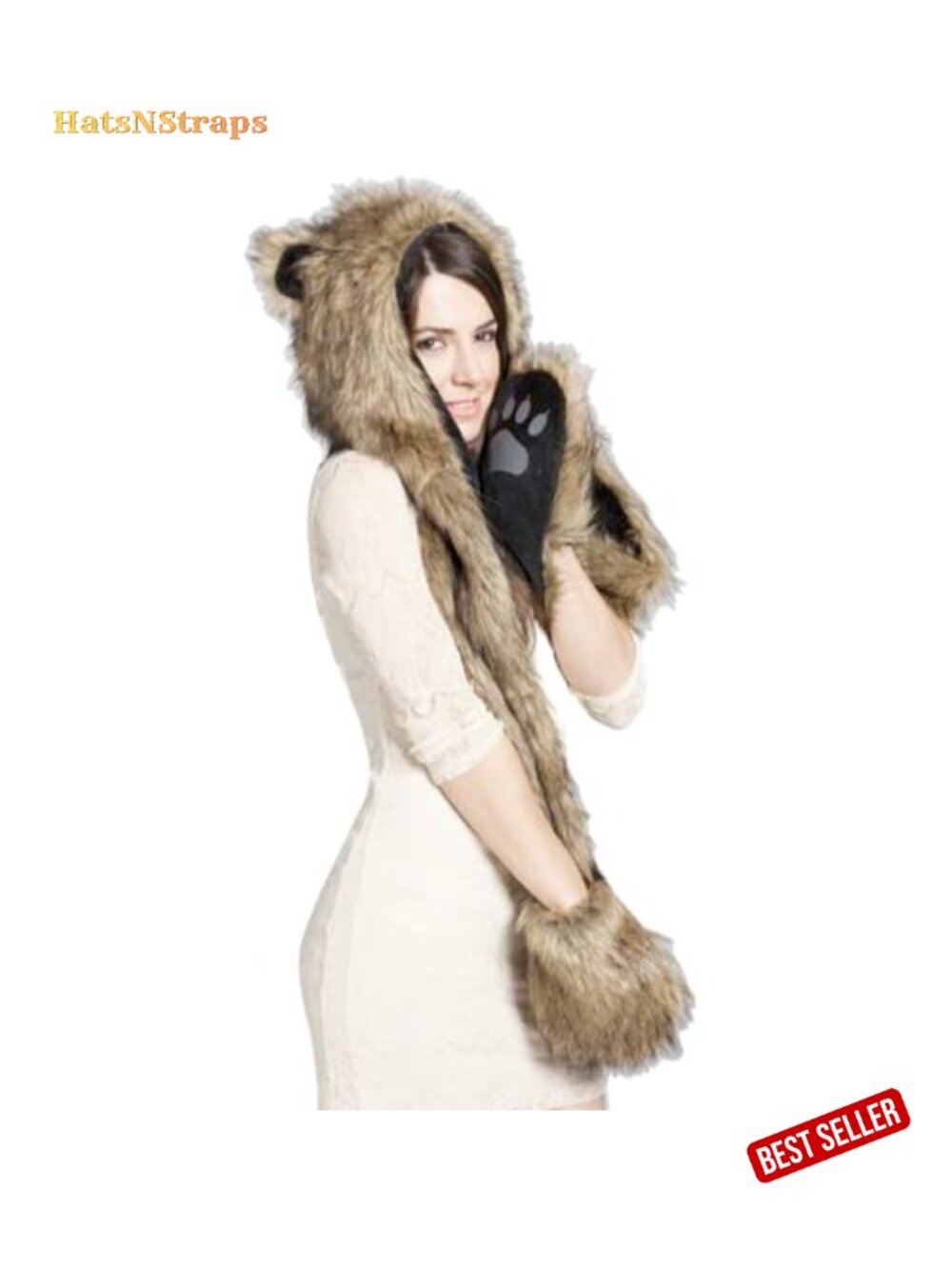 Faux Fur Hooded Scarf Hat with Paw Gloves Winter Animal Hood